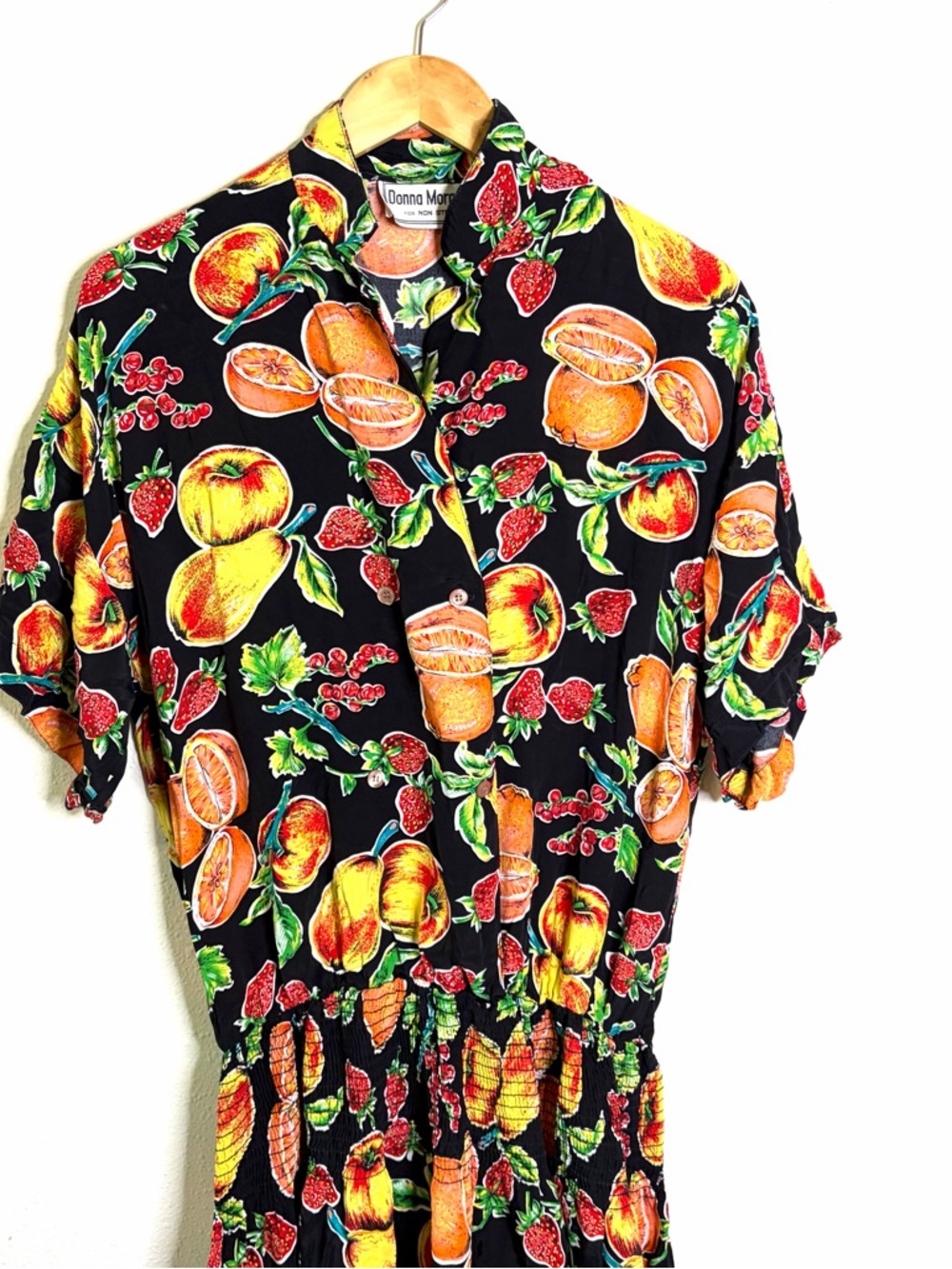 Vintage 80s 90s Donna Morgan Black Midi shirt Dress colorful Fruit Print L XL - Picture 4 of 7